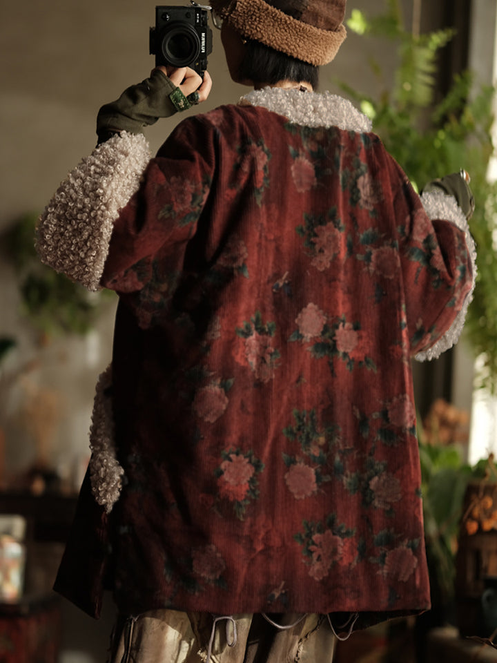 Vintage Cotton Coat with Red Flowers – High Neck, Loose Winter Fit