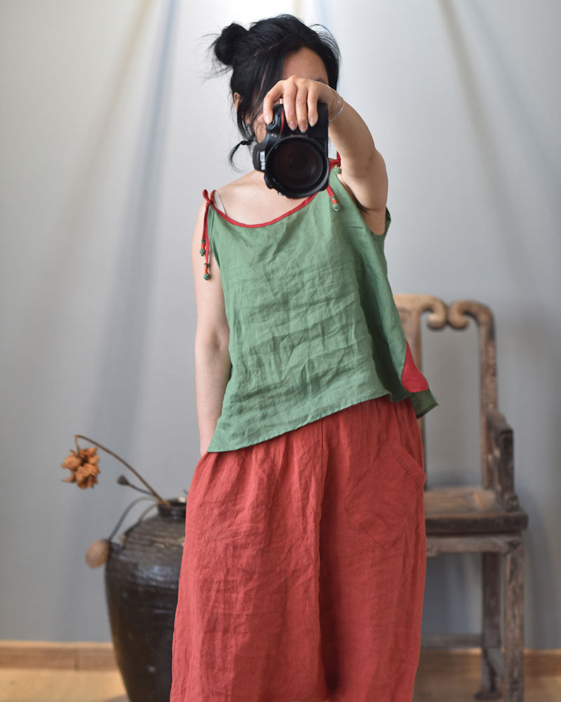 Blusa de ramio con tirantes en contraste