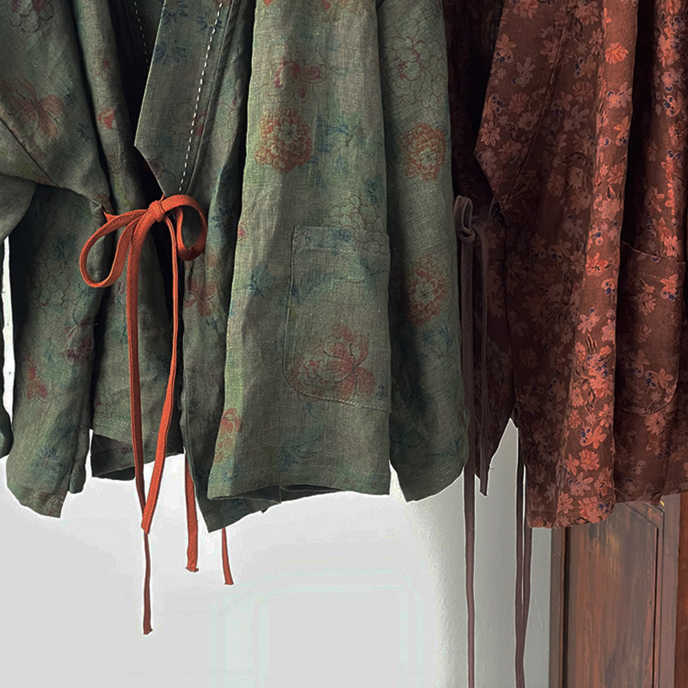 Chaqueta kimono de lino Vintage Bloom – Cárdigan cruzado de patchwork