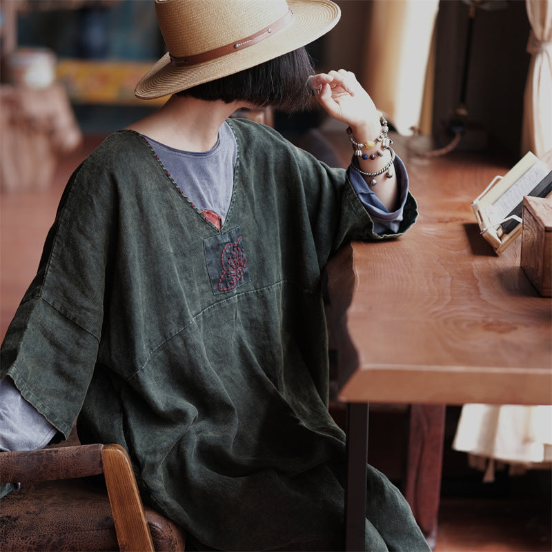 Natural Linen Tunic Dress Vintage Aura - Artisan Embroidery, Batwing Sleeve