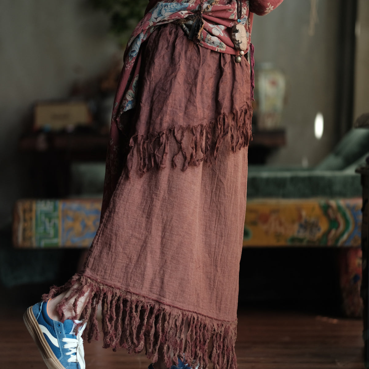 Terracotta Nomad Fringe Cotton-Linen Midi Skirt