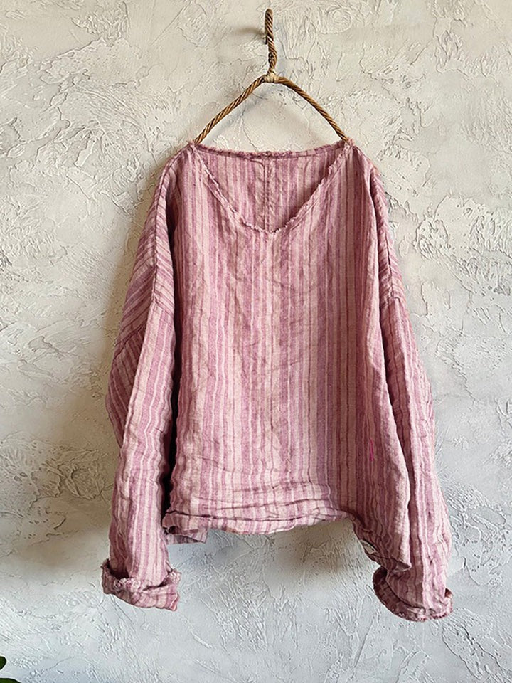 Vintage Striped Linen-Blend Blouse | Relaxed V-Neck Top