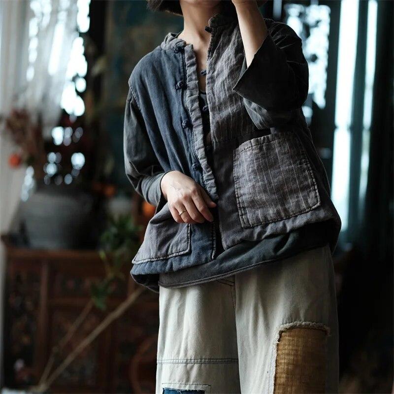 Chaleco de lino y algodón a rayas estilo bohemio