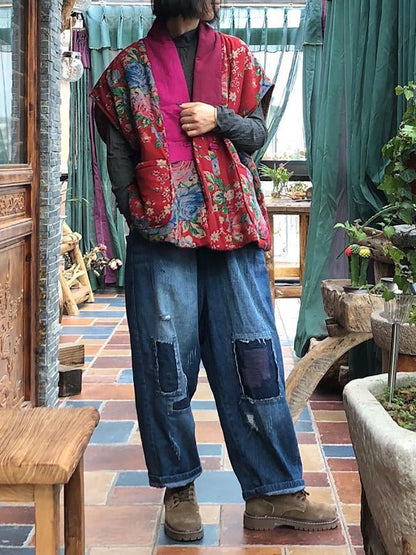 Chaleco de lino con patchwork étnico – Estilo bohemio vintage