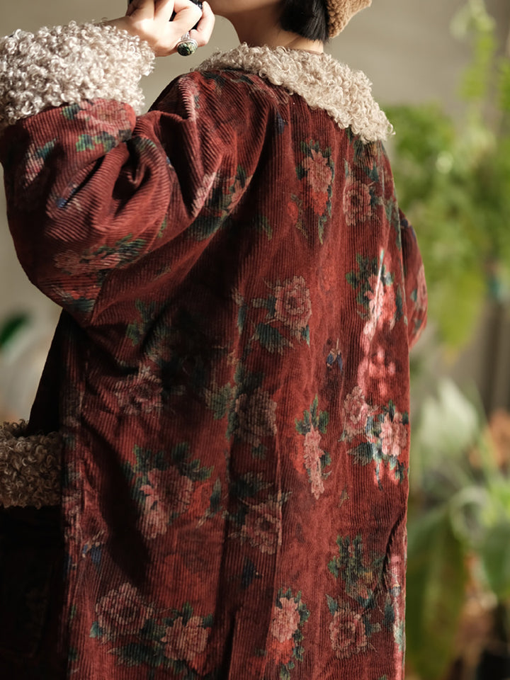 Abrigo Retro Floral de Algodón con Forro de Fleece