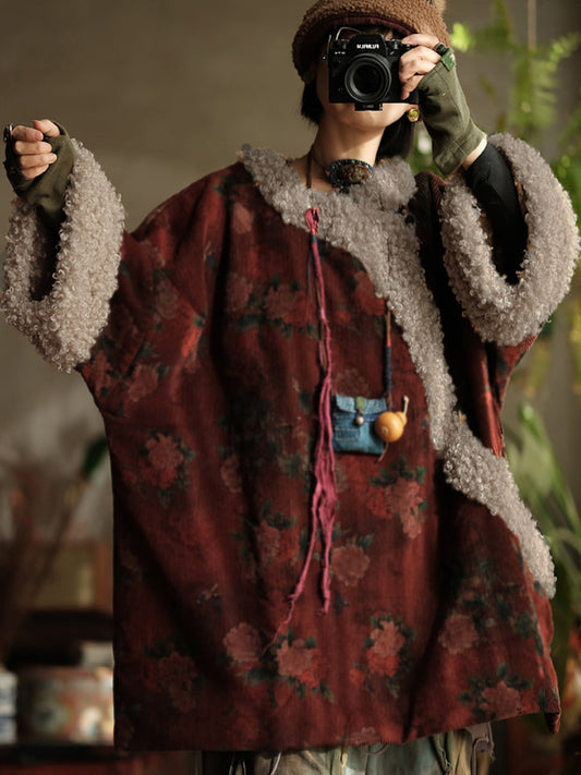 Abrigo Vintage de Algodón con Flores Rojas – Cuello Alto, Corte Holgado de Invierno