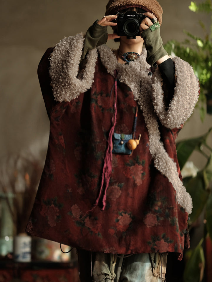 Vintage Cotton Coat with Red Flowers – High Neck, Loose Winter Fit