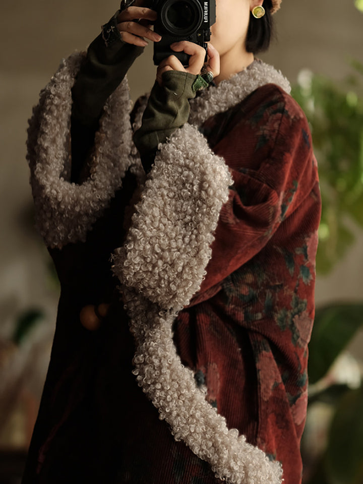Vintage Cotton Coat with Red Flowers – High Neck, Loose Winter Fit