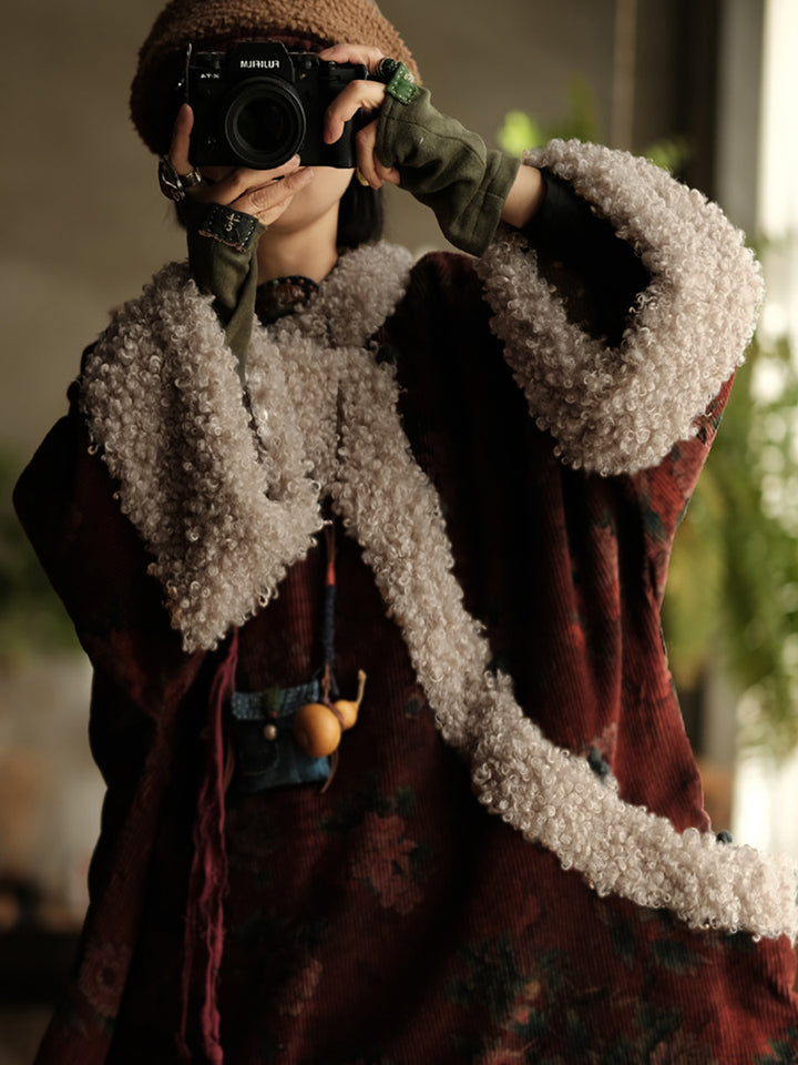 Vintage Cotton Coat with Red Flowers – High Neck, Loose Winter Fit