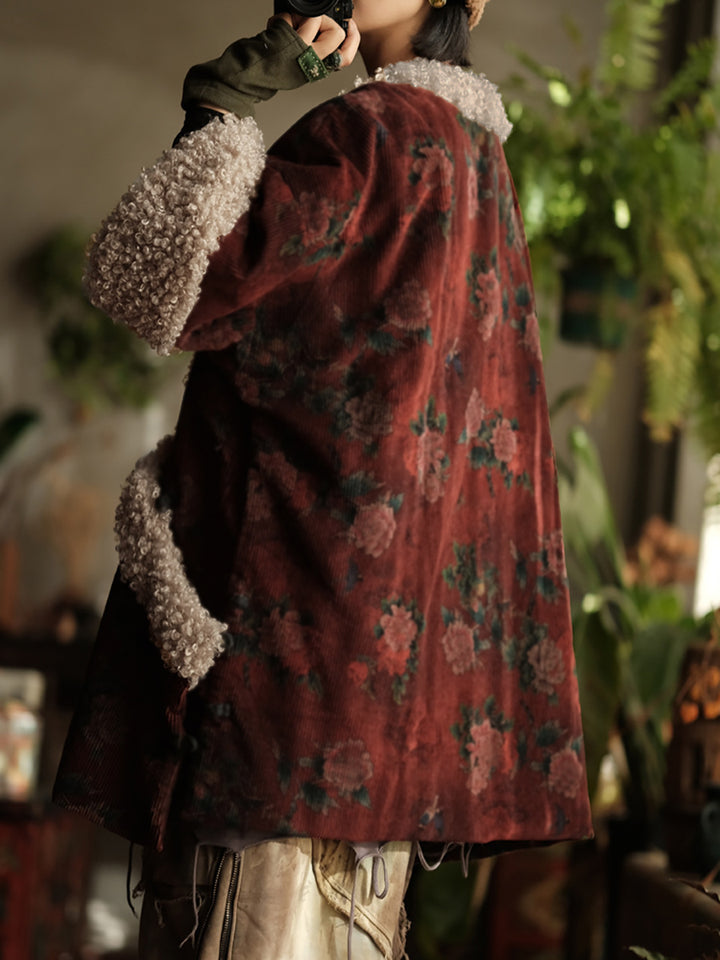 Vintage Cotton Coat with Red Flowers – High Neck, Loose Winter Fit
