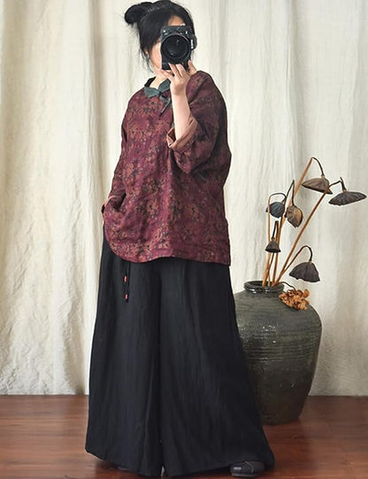 Blusa de lino con contraste Vintage Bloom