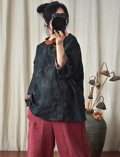Blusa de lino con contraste Vintage Bloom