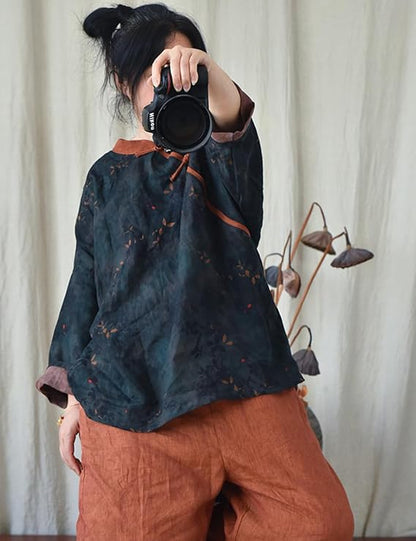 Blusa de lino con contraste Vintage Bloom