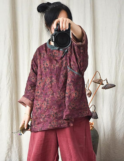 Blusa de lino con contraste Vintage Bloom