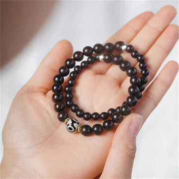 Tibetan Ebony Wood Bracelet with Dzi Bead - Double Wrap