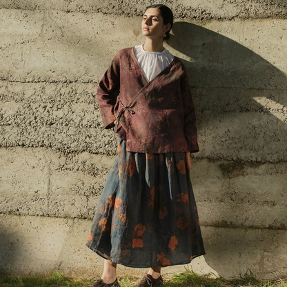 Quimono cruzado de lino floral - Estampado artístico natural