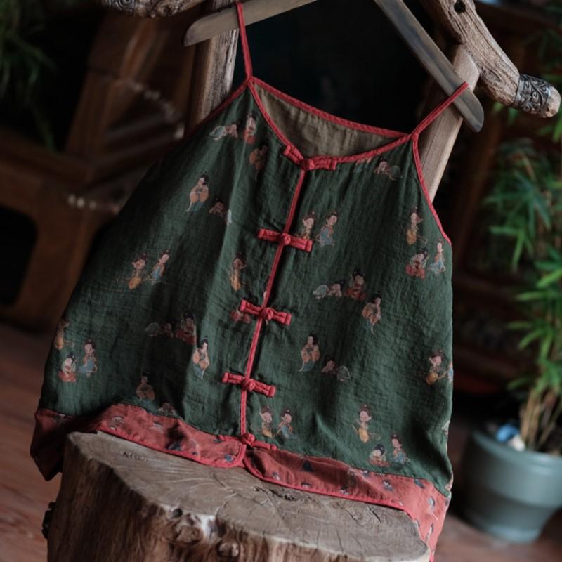Camisola de lino vintage con figuras pequeñas – Blusa de verano bohemia ligera