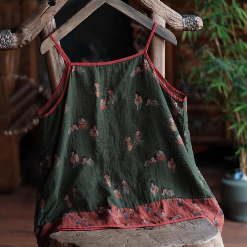 Camisola de lino vintage con figuras pequeñas – Blusa de verano bohemia ligera