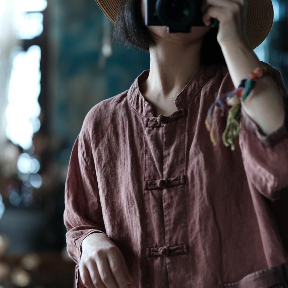 Abrigo de lino bordado con loto vintage