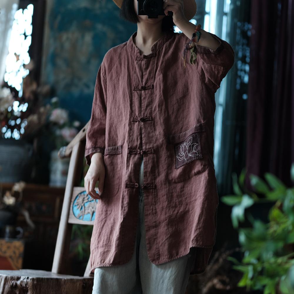 Abrigo de lino bordado con loto vintage