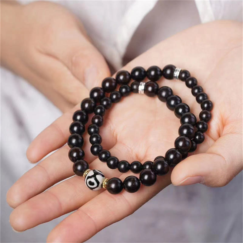 Tibetan Ebony Wood Bracelet with Dzi Bead - Double Wrap