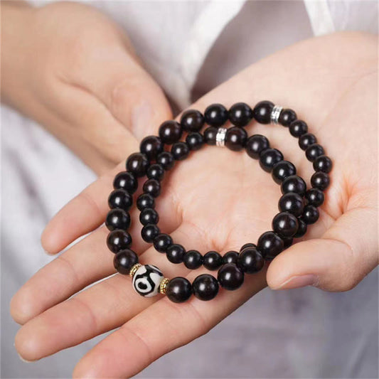 Tibetan Ebony Wood Bracelet with Dzi Bead - Double Wrap