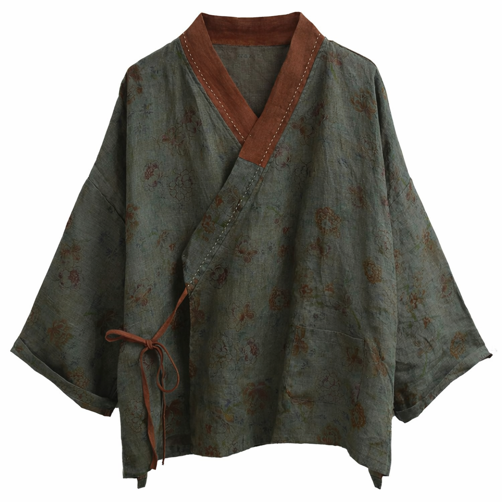 Chaqueta kimono de lino Vintage Bloom – Cárdigan cruzado de patchwork