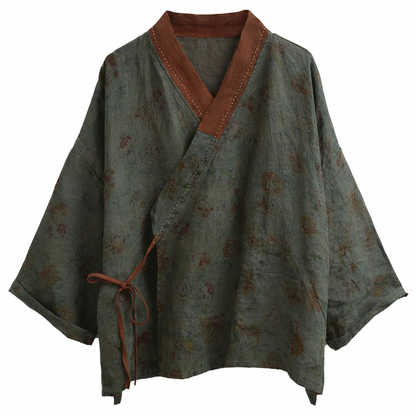 Chaqueta kimono de lino Vintage Bloom – Cárdigan cruzado de patchwork