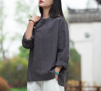 Blusa de lino con estampado de loto 