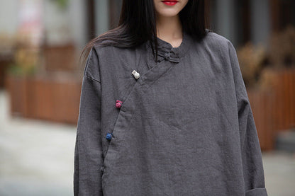 Blusa de lino con estampado de loto 