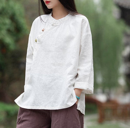 Blusa de lino con estampado de loto 