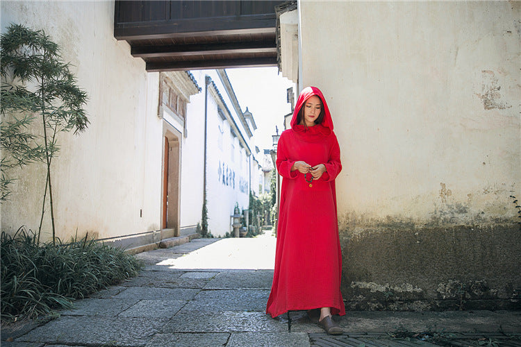Vestido midi de lino con capucha