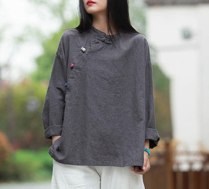Blusa de lino con estampado de loto 