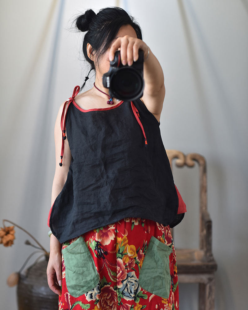 Blusa de ramio con tirantes en contraste