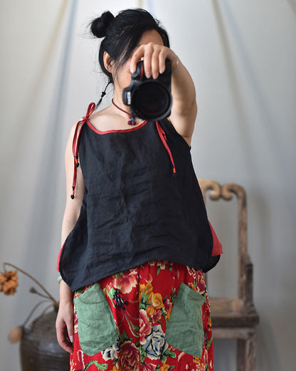 Blusa de ramio con tirantes en contraste