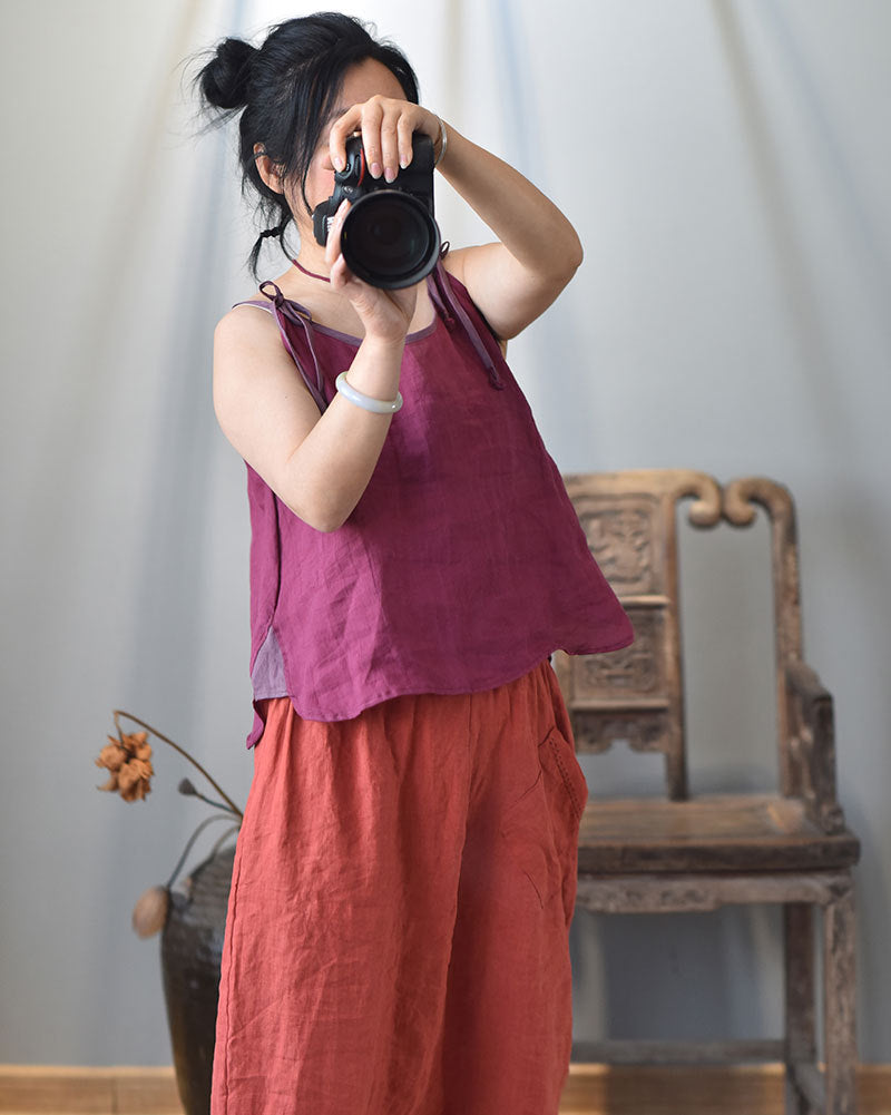 Blusa de ramio con tirantes en contraste