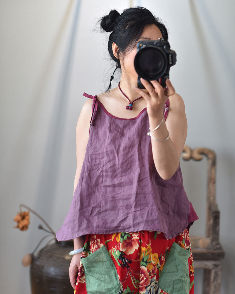 Blusa de ramio con tirantes en contraste