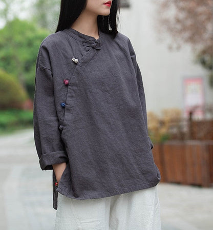 Blusa de lino con estampado de loto 