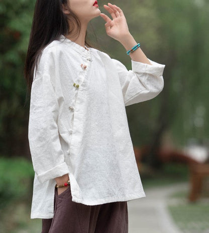 Blusa de lino con estampado de loto 
