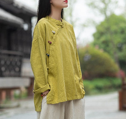Blusa de lino con estampado de loto 
