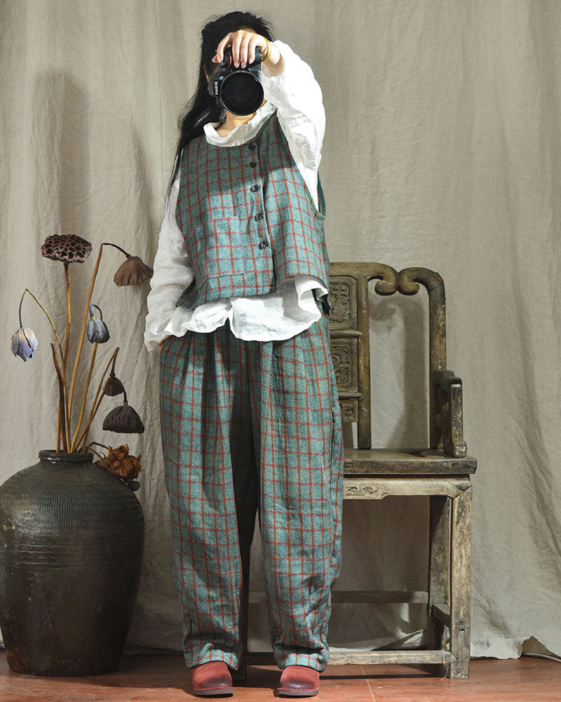 Pantalones de lino a cuadros vintage