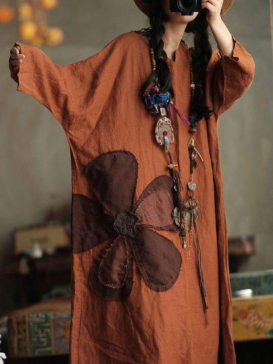 Linen Bohemian Dress with Patchwork Flower – Vintage A-Line Cut