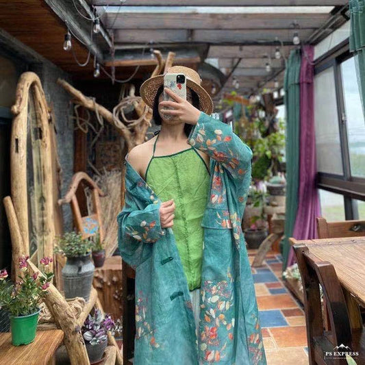 Blusa Larga de Lino y Ramio Floral Vintage – Chaqueta Boho Ligera Oversized