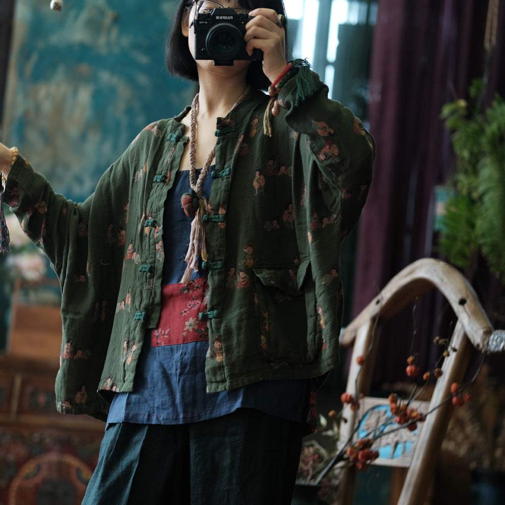 Chaqueta de lino vintage con figuras diminutas