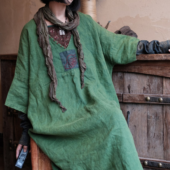 Natural Linen Tunic Dress Vintage Aura - Artisan Embroidery, Batwing Sleeve
