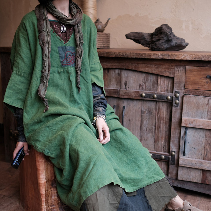 Natural Linen Tunic Dress Vintage Aura - Artisan Embroidery, Batwing Sleeve