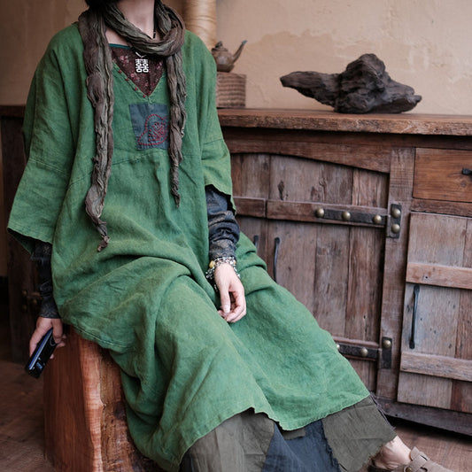 Natural Linen Tunic Dress Vintage Aura - Artisan Embroidery, Batwing Sleeve