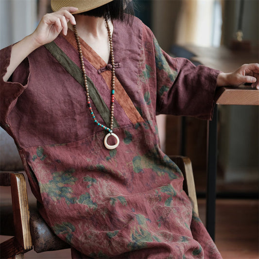 100% Linen Harmony Floral Dress – Oversize Bohemian Style with Vintage Details