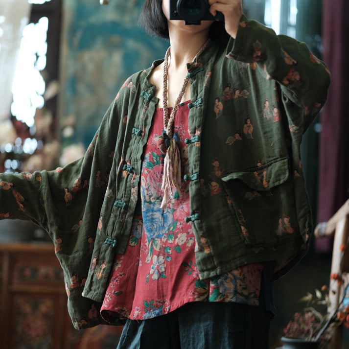 Chaqueta de lino vintage con figuras diminutas