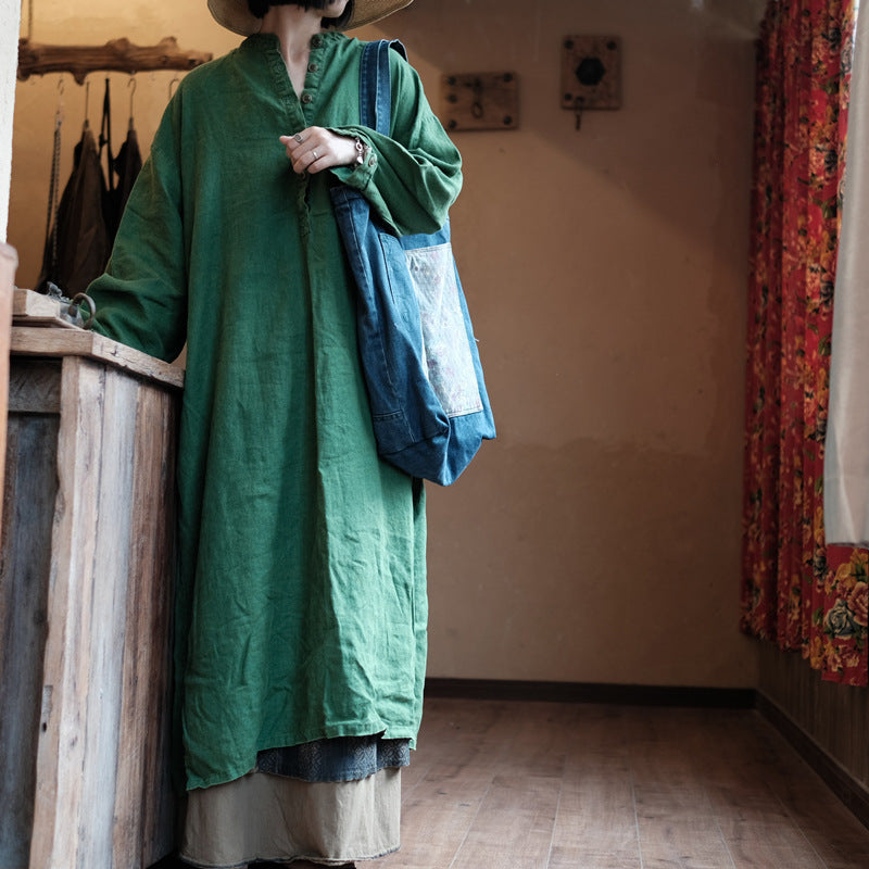 Vestido de lino natural verde – Corte holgado